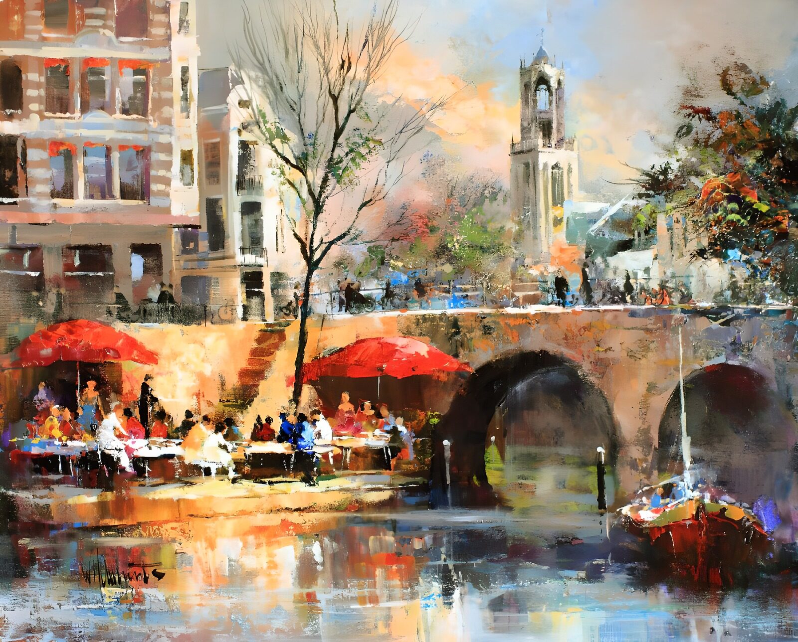 Serene Canal Scene with Colorful Umbrellas