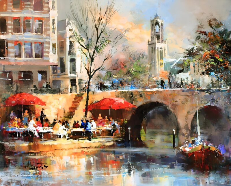 Serene Canal Scene with Colorful Umbrellas