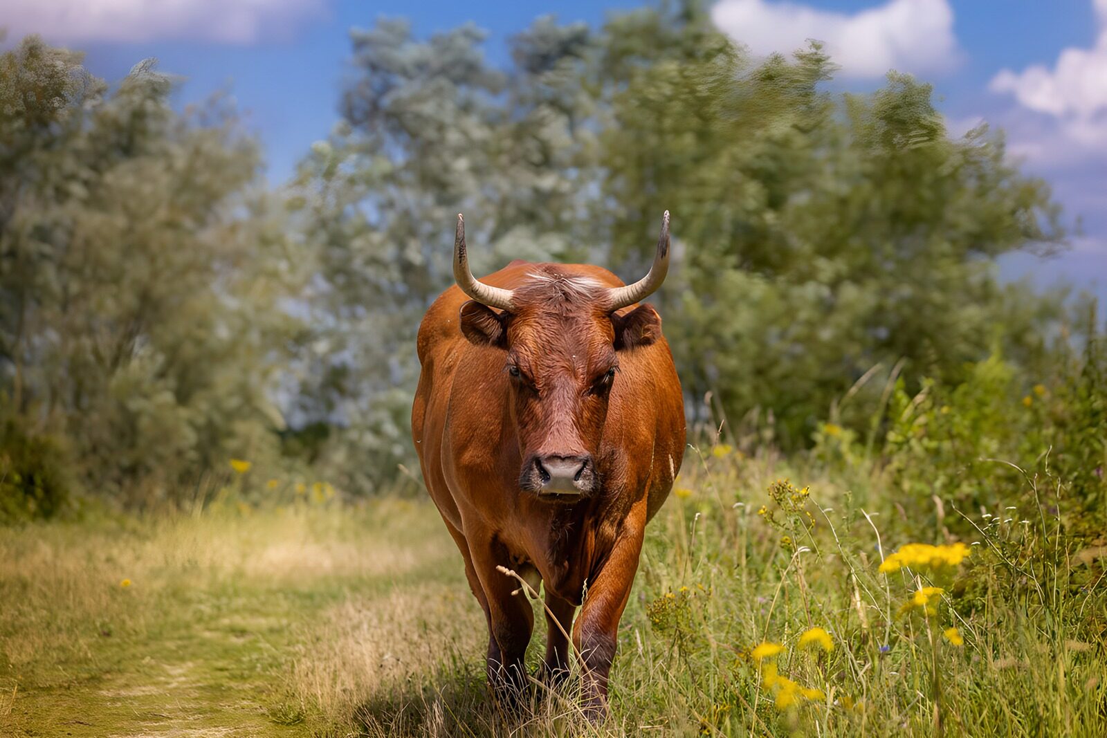 Majestic Brown Cow in Green Landscape