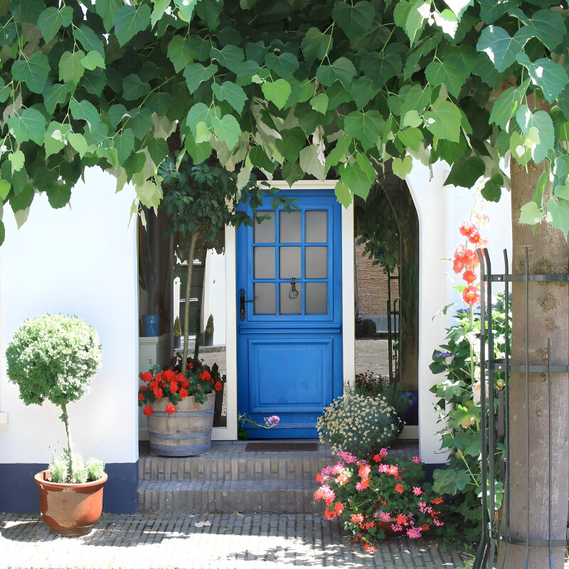 Charming Blue Doorway Surrounded by Greenery
