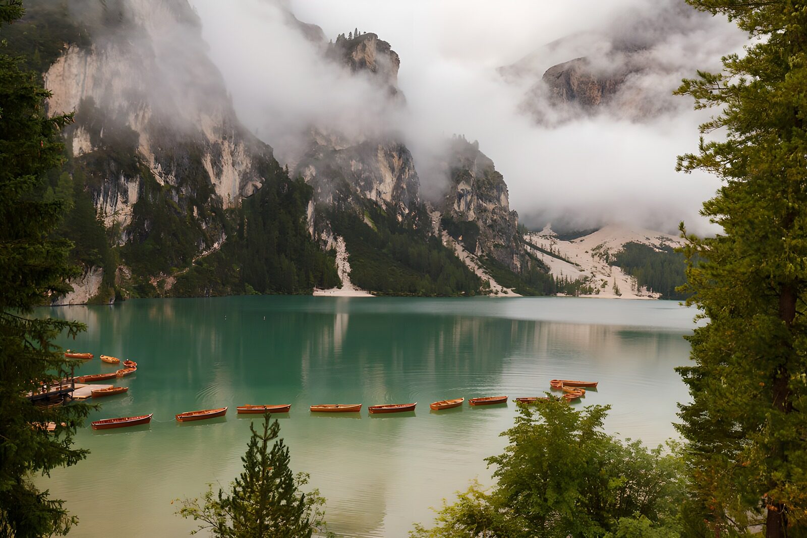 Serene Lake Amidst Misty Mountains