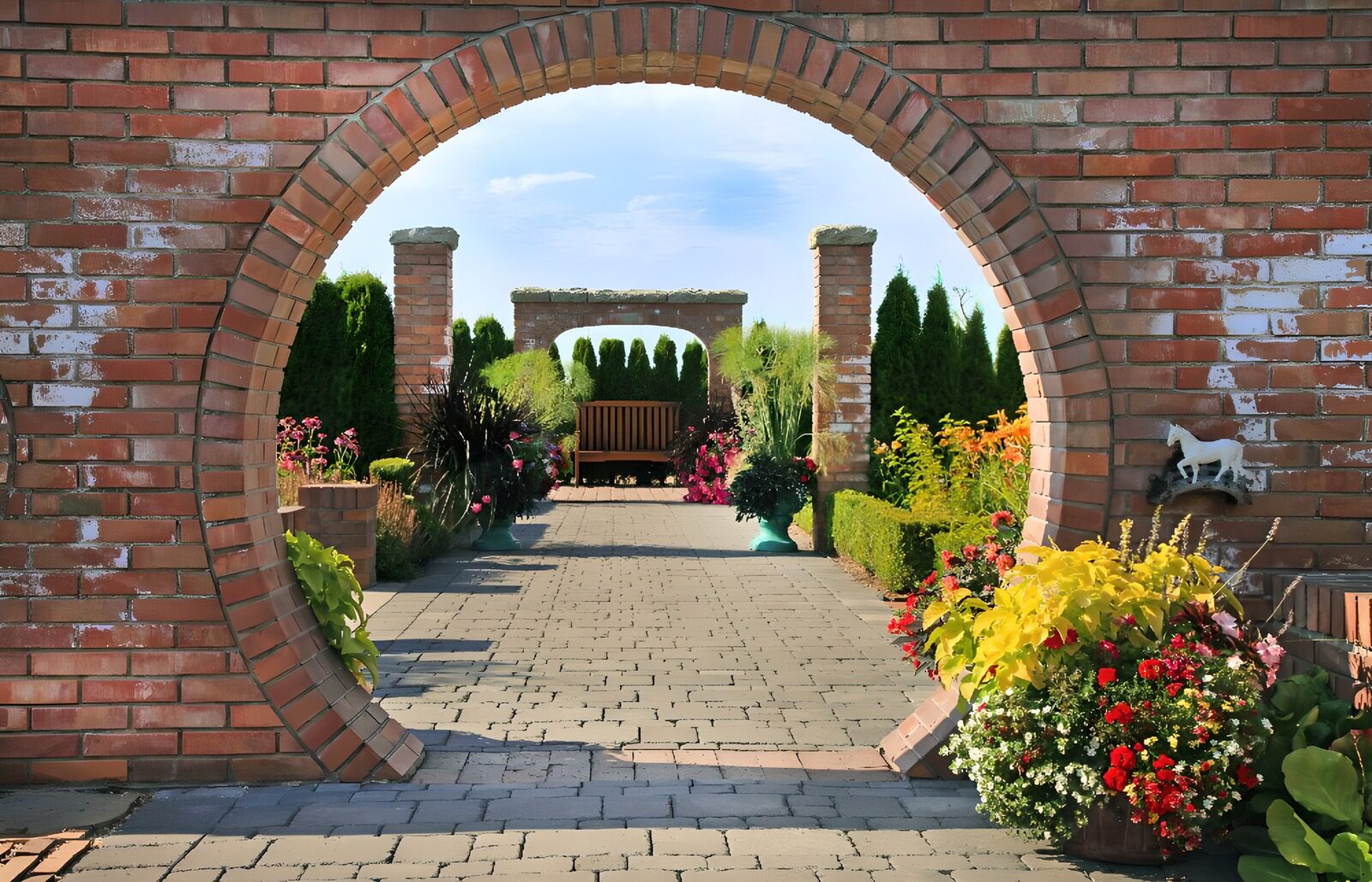 Charming Brick Archway in Blooming Garden