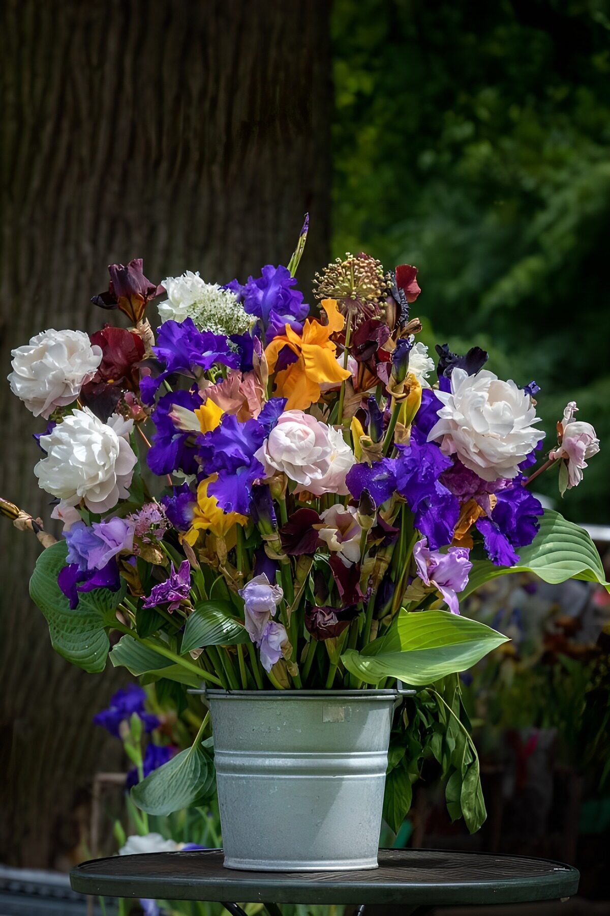 Vibrant Floral Arrangement in a Silver Bucket