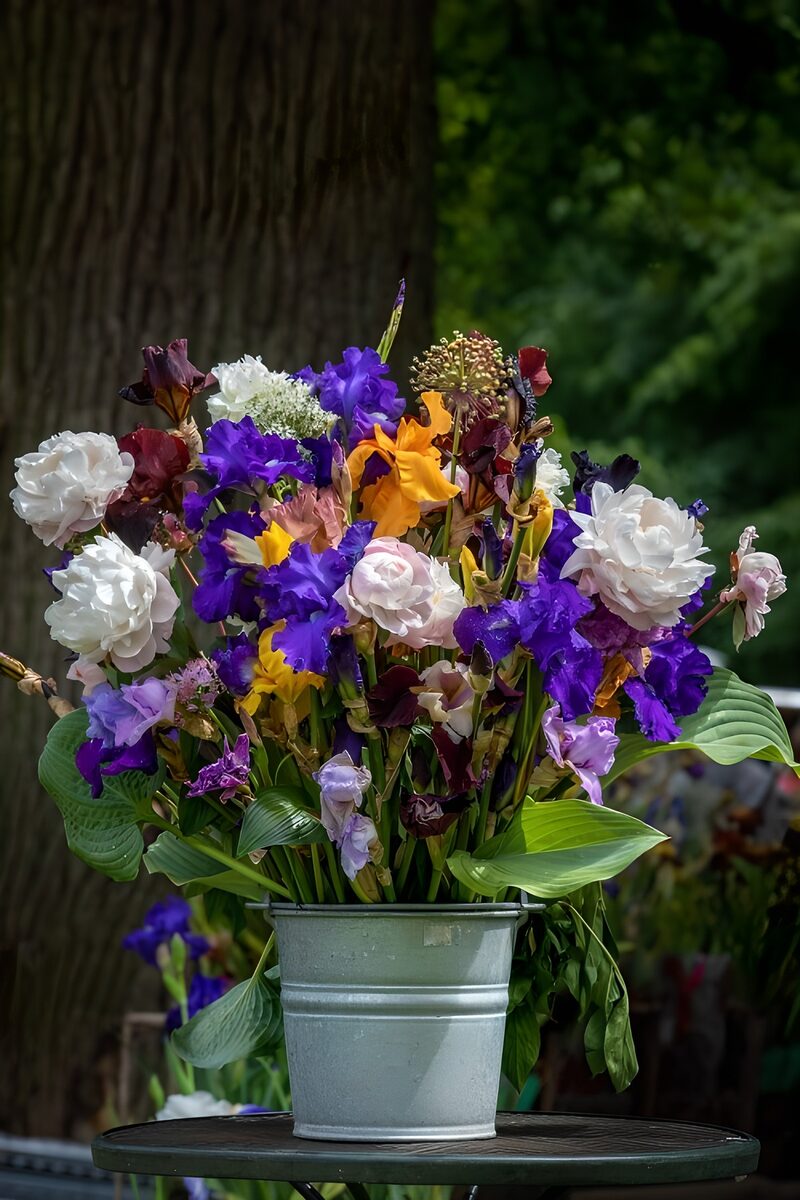 Vibrant Floral Arrangement in a Silver Bucket