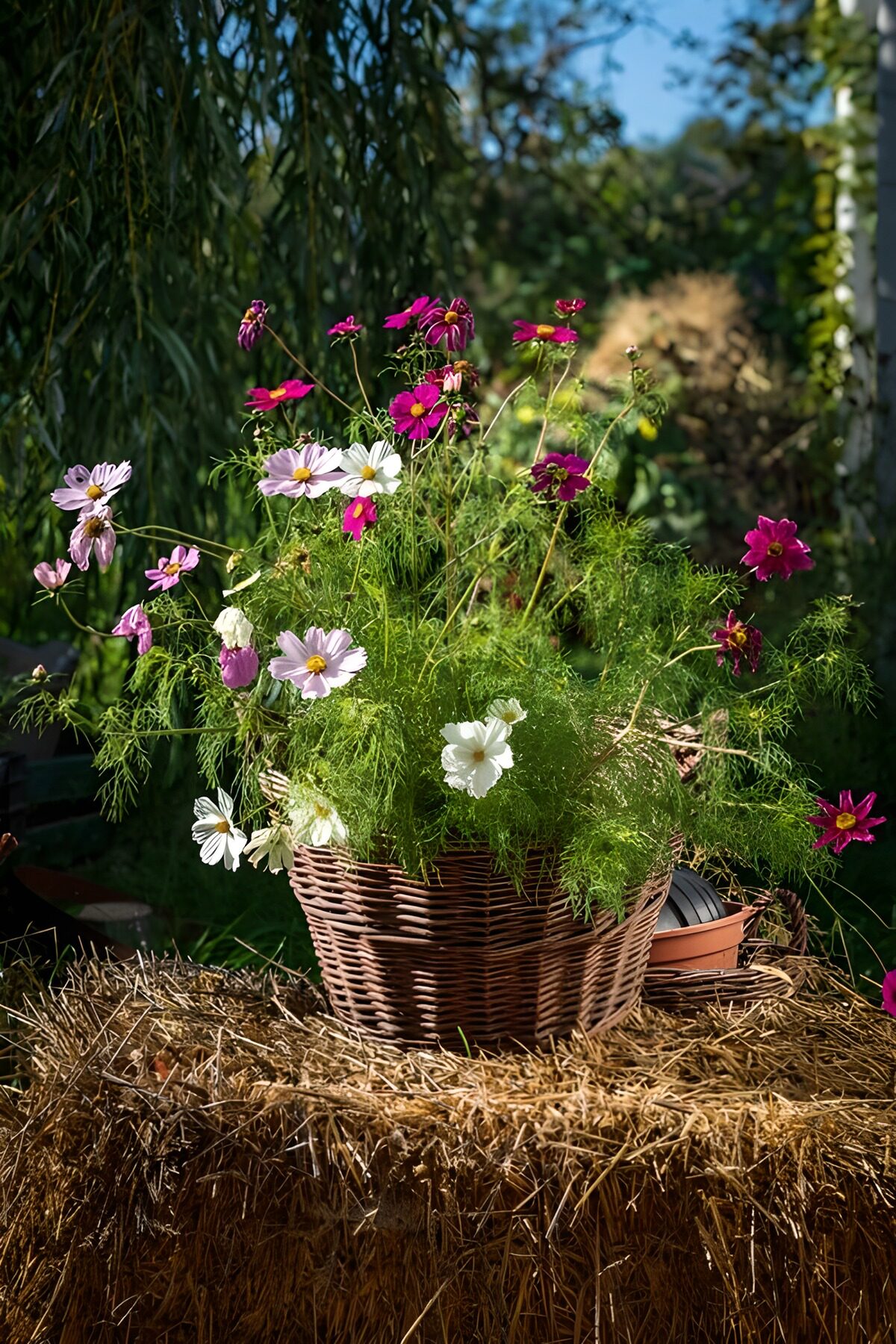 Vibrant Cosmos in a Woven Basket