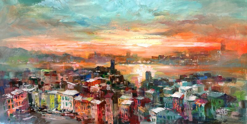 colorful sunset harbor cityscape
