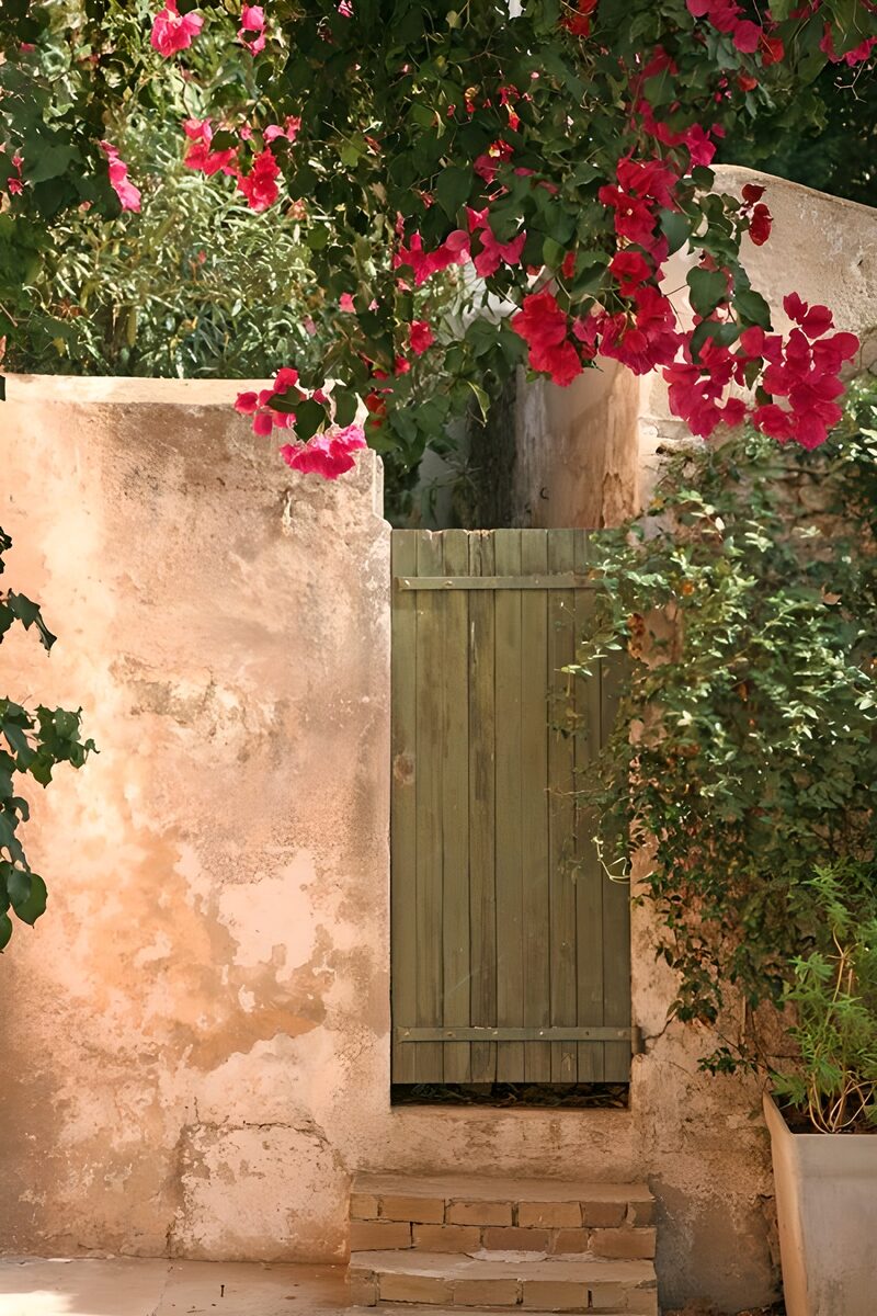 Charming Green Doorway Surrounded by Blooms