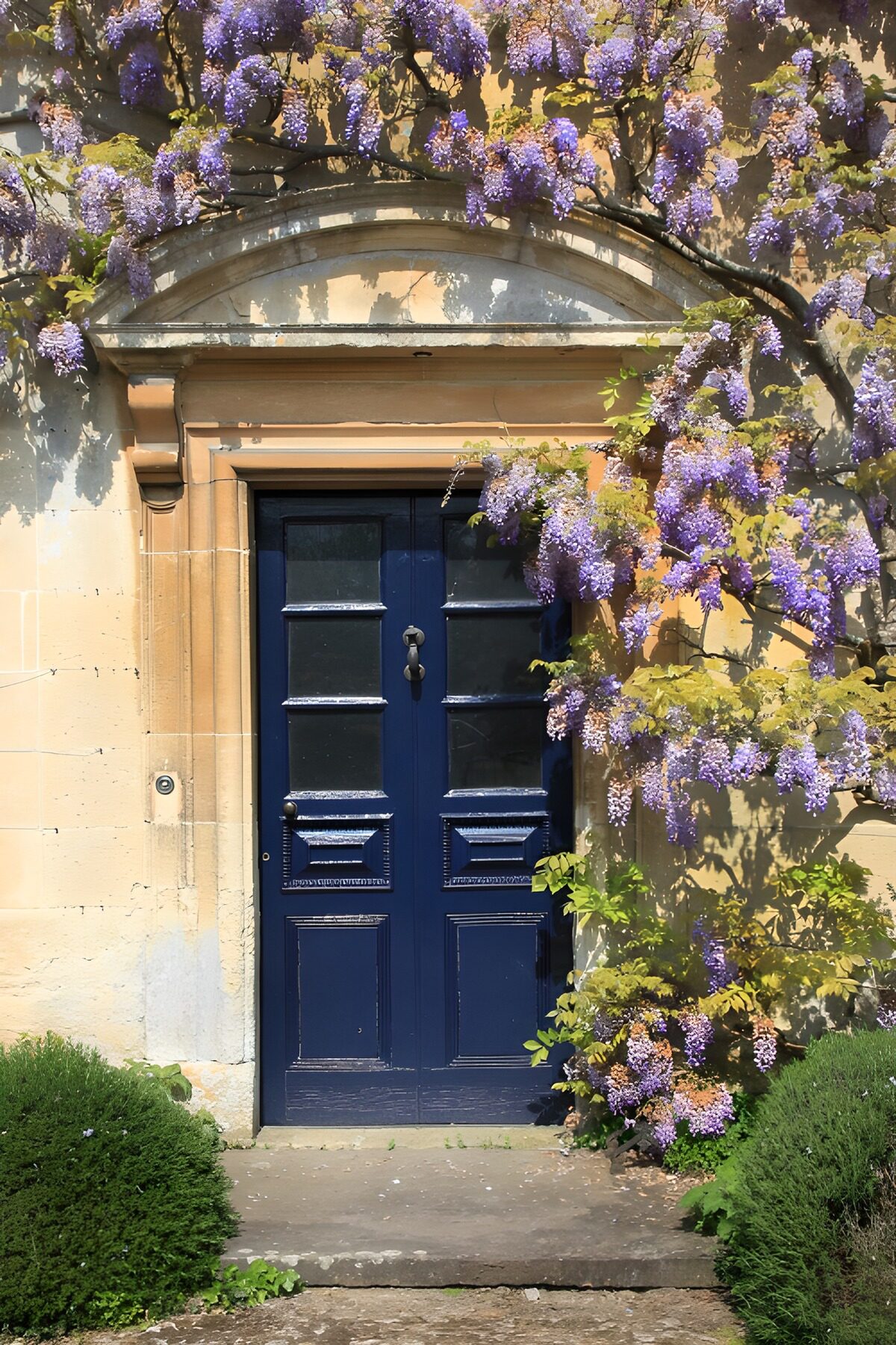 Charming Blue Door with Wisteria Blossoms