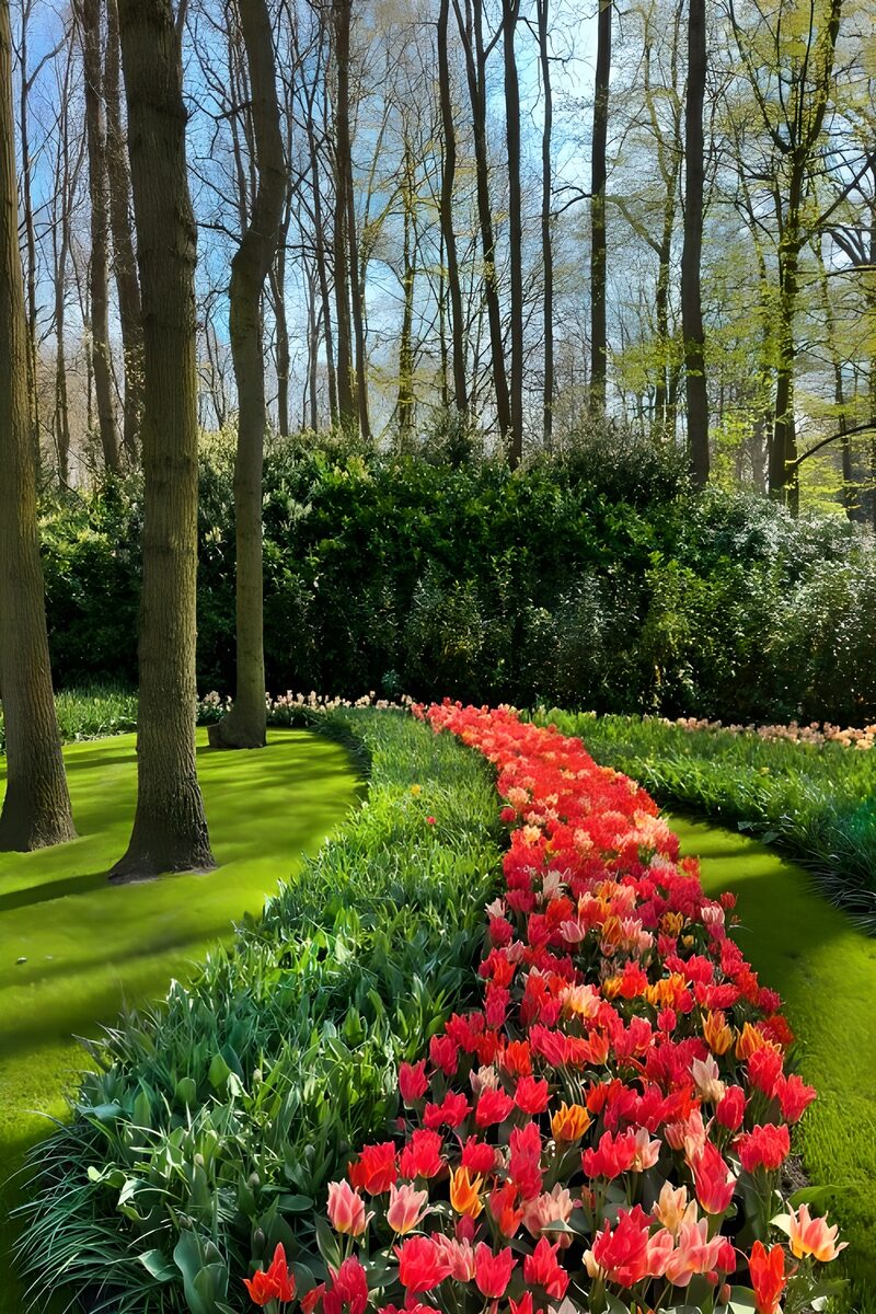 Vibrant Tulip Pathway Through the Woods