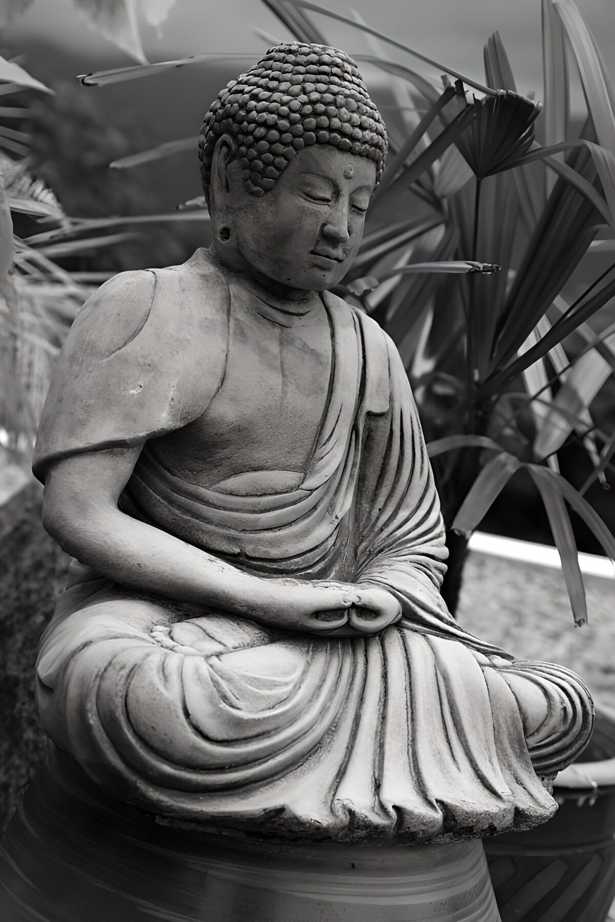 Serene Buddha Statue in Monochrome