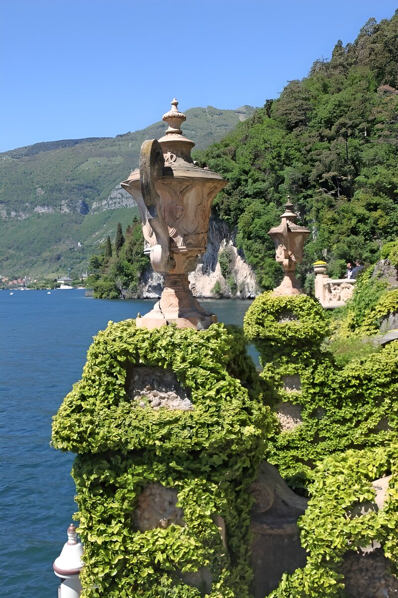 Scenic Lake View with Ornamental Vases