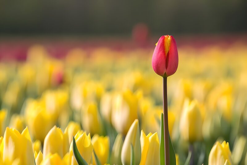 Vibrant Tulip Among Yellow Blooms