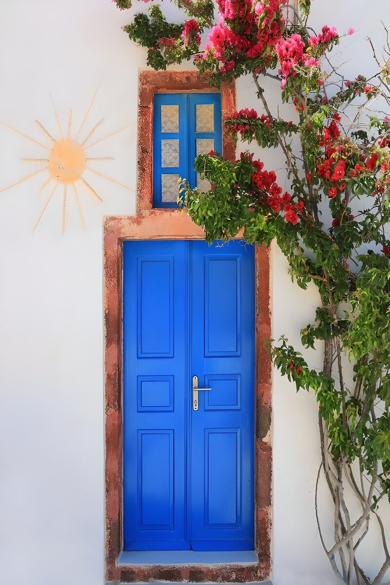Vibrant Blue Door with Bougainvillea