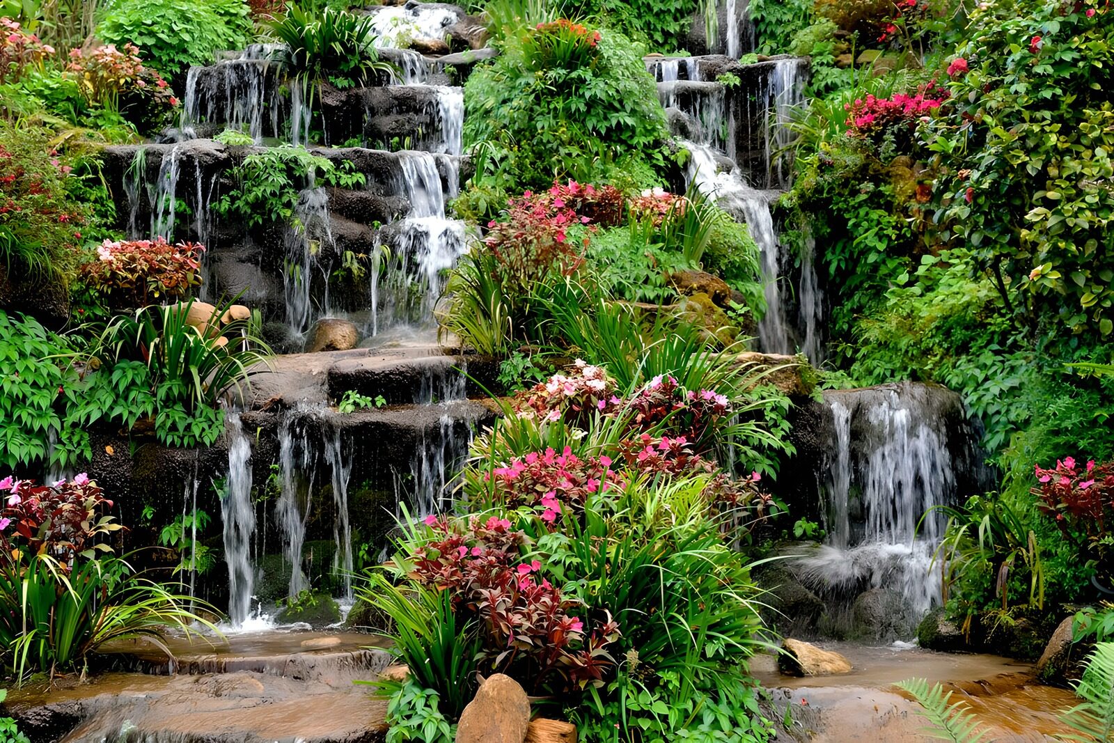 Serene Waterfall Amidst Vibrant Flora