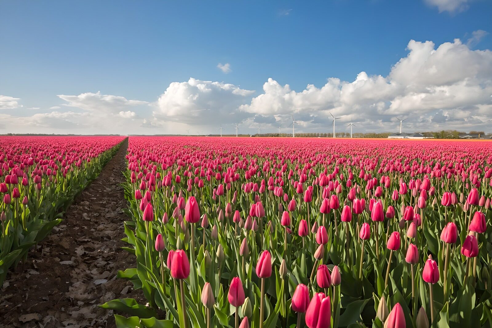 Vibrant Pink Tulip Field Under a Cloudy Sky