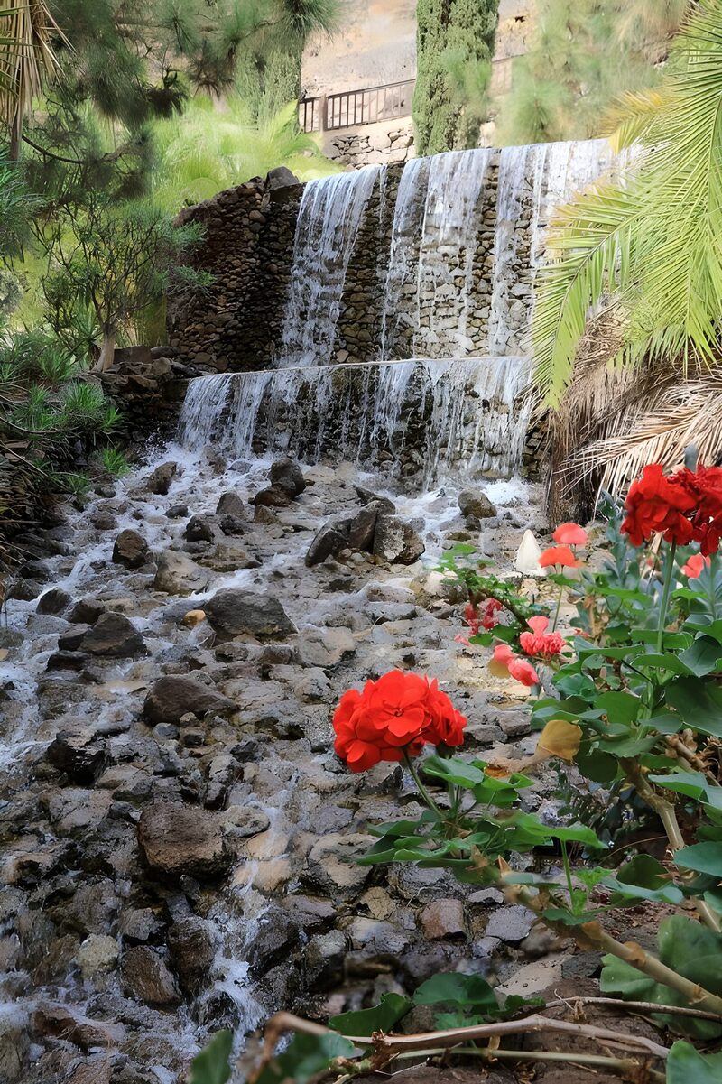 Serene Cascading Waterfall with Flowers