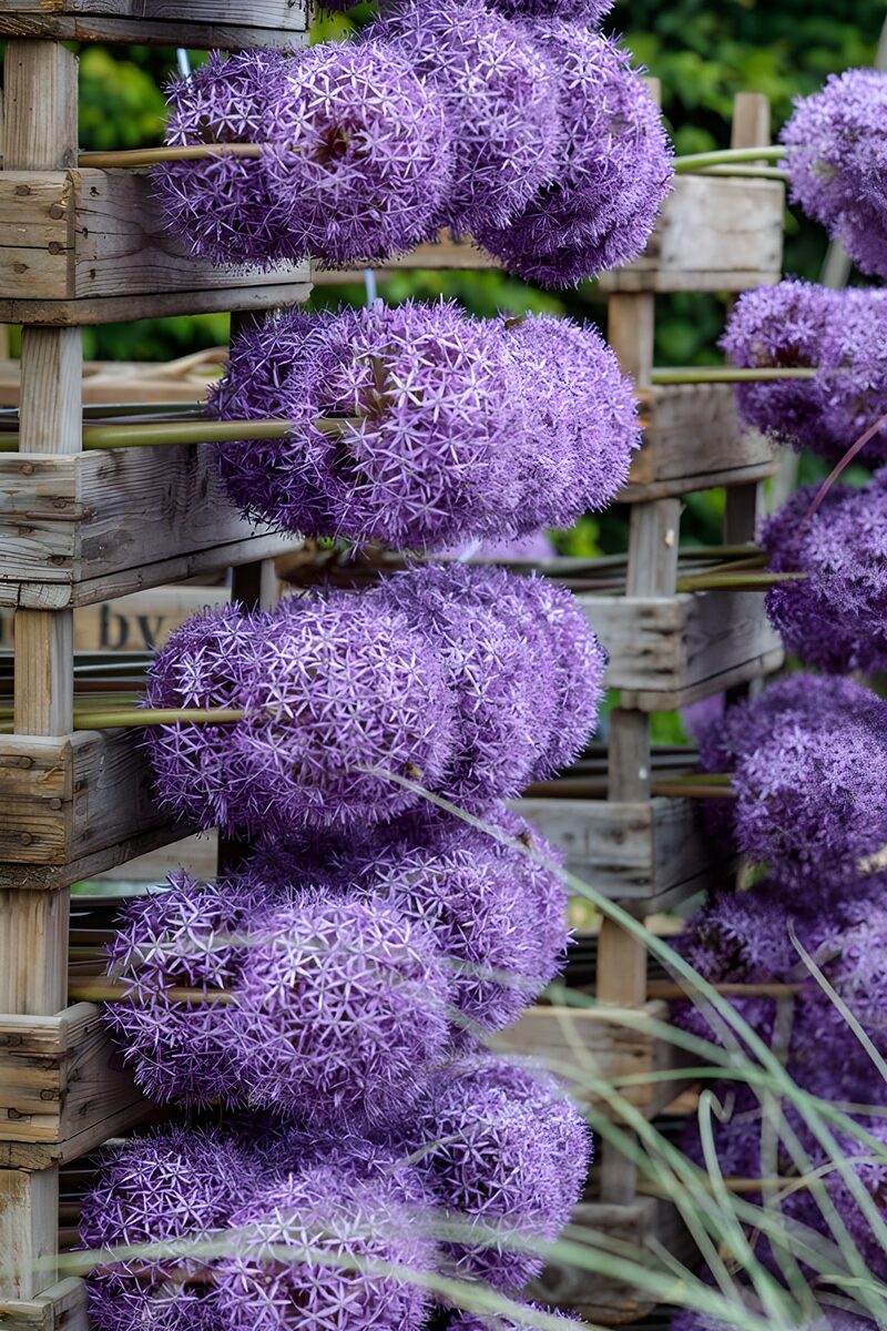 Vibrant Purple Alliums in Wooden Crates