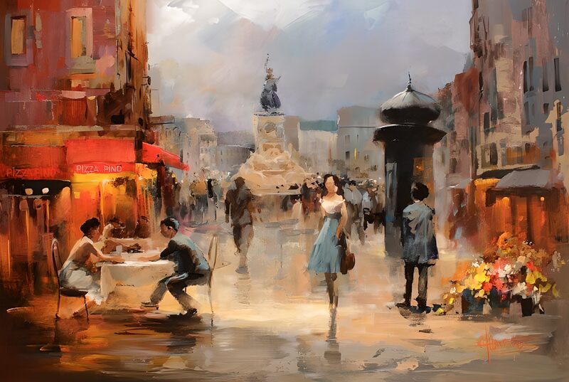 Evening Stroll in the City Square