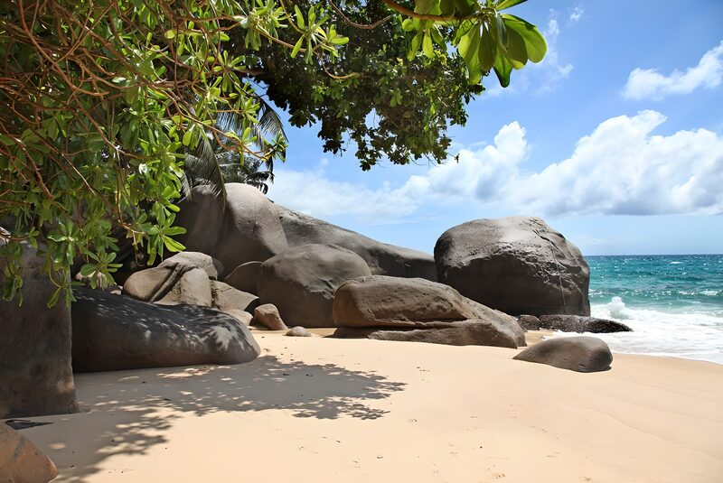 Serene Beach with Rocky Outcrops