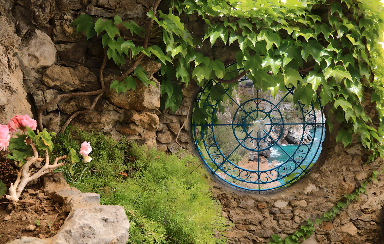 Serene Coastal View Through Decorative Window