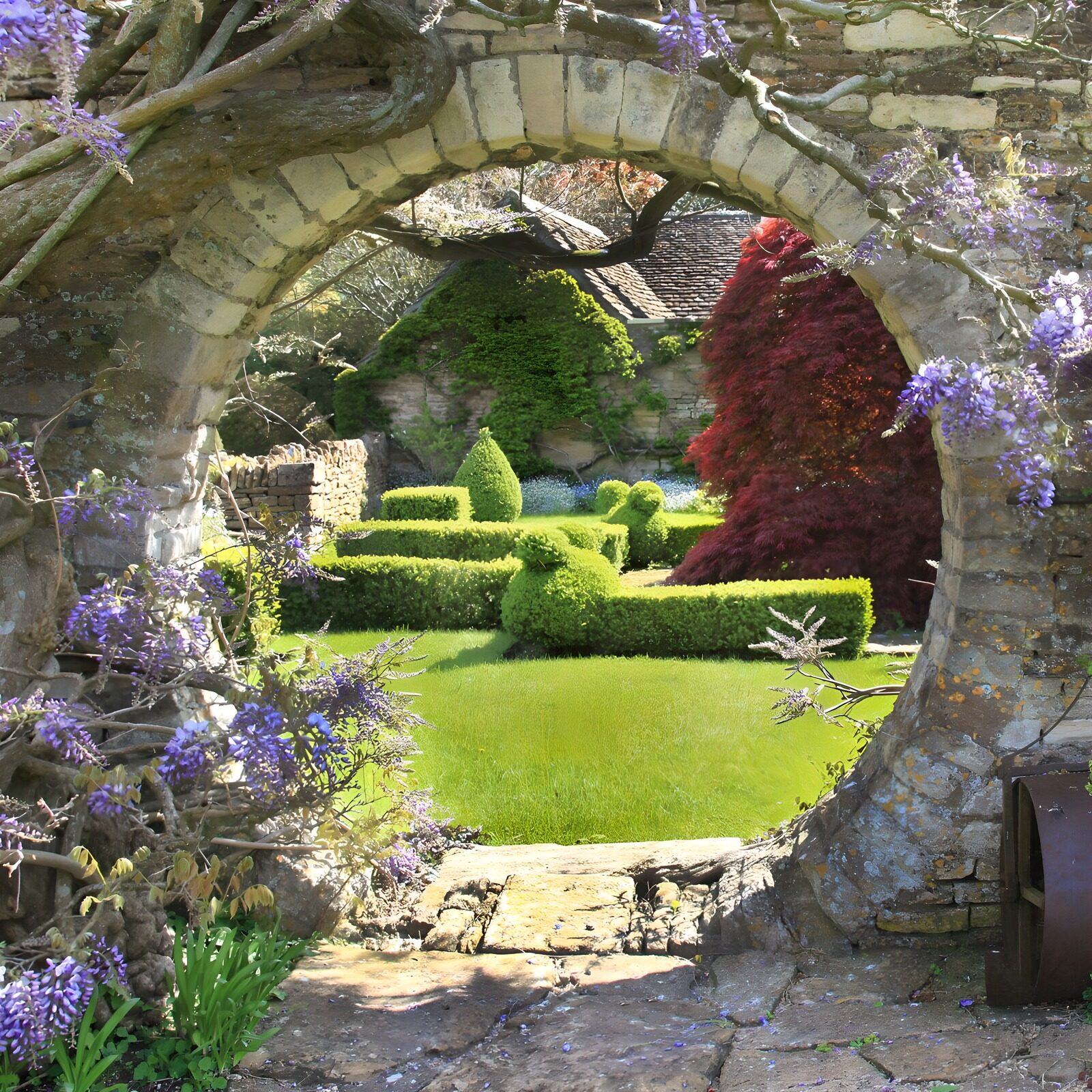 Tranquil Garden View Through Stone Arch