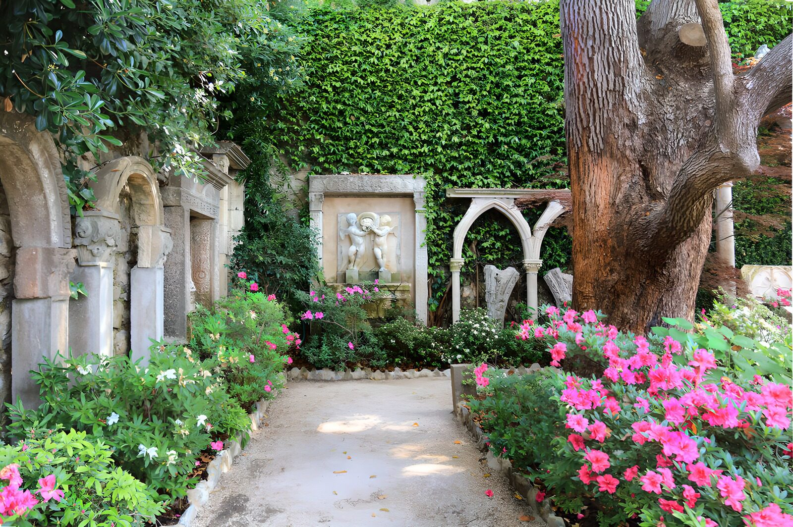 Serene Garden with Stone Sculpture