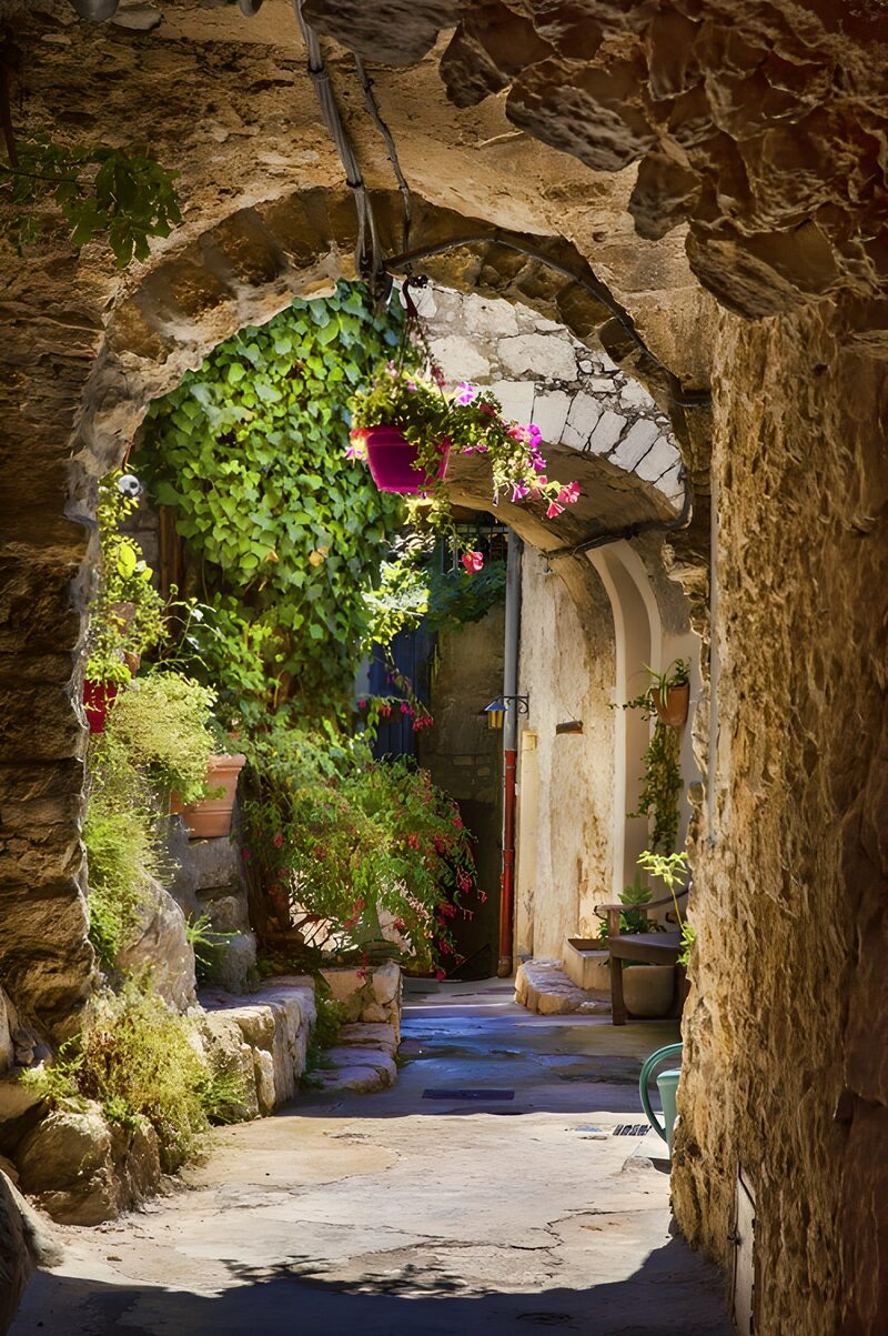 Charming Stone Archway in Blooming Alley