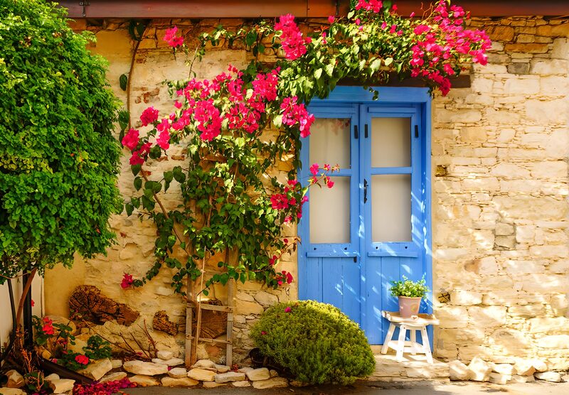 Charming Blue Doorway with Bougainvillea