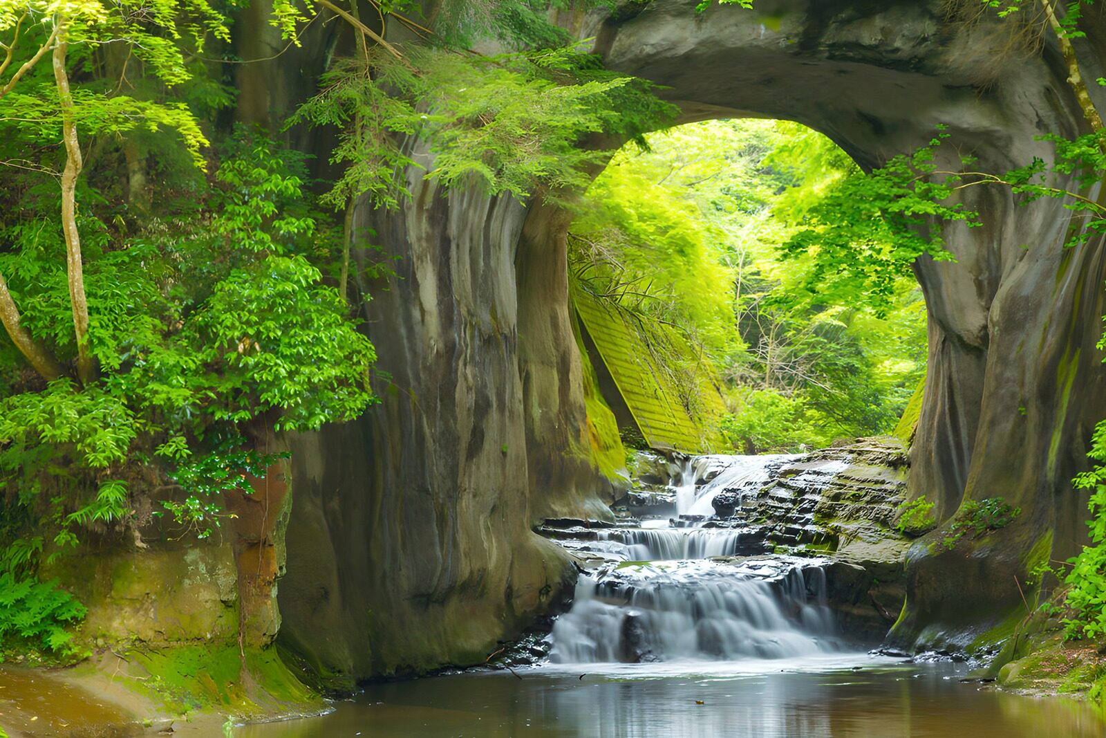 Serene Waterfall Through Natural Archway