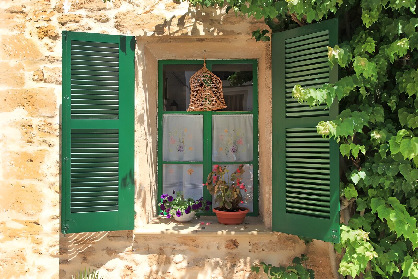 Charming Green Window with Flower Pots
