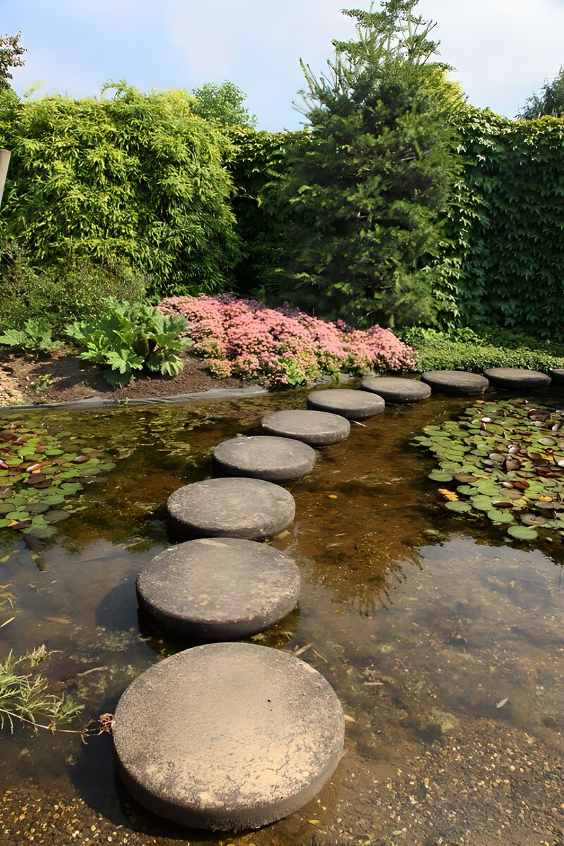 Serene Stone Pathway Through Tranquil Pond