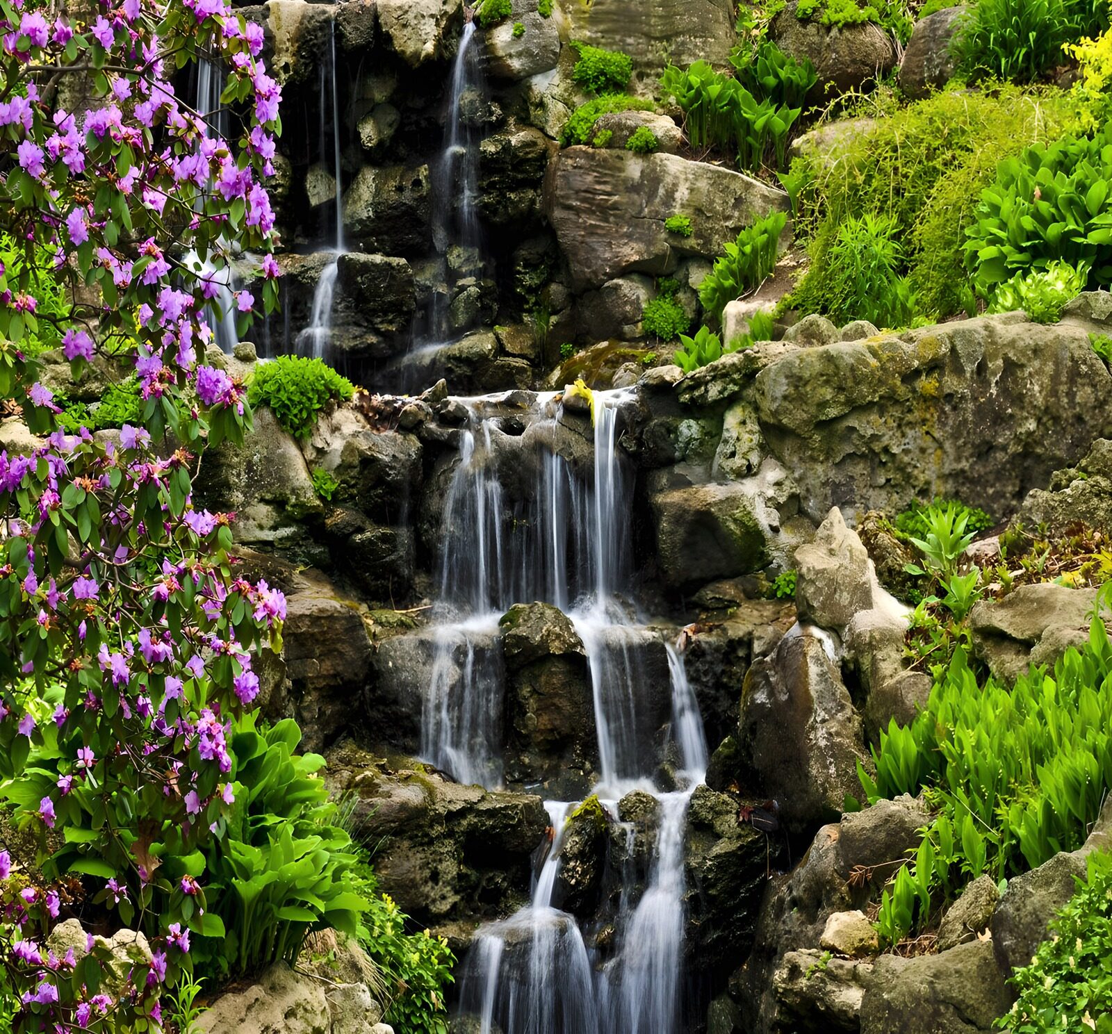 Serene Waterfall Among Blossoming Flora