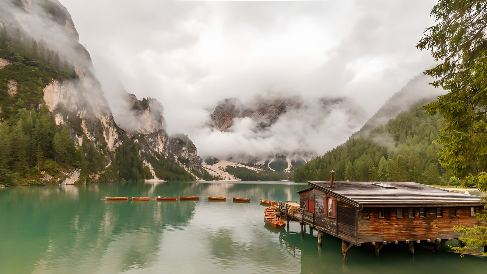 Serene Lake Amidst Misty Mountains