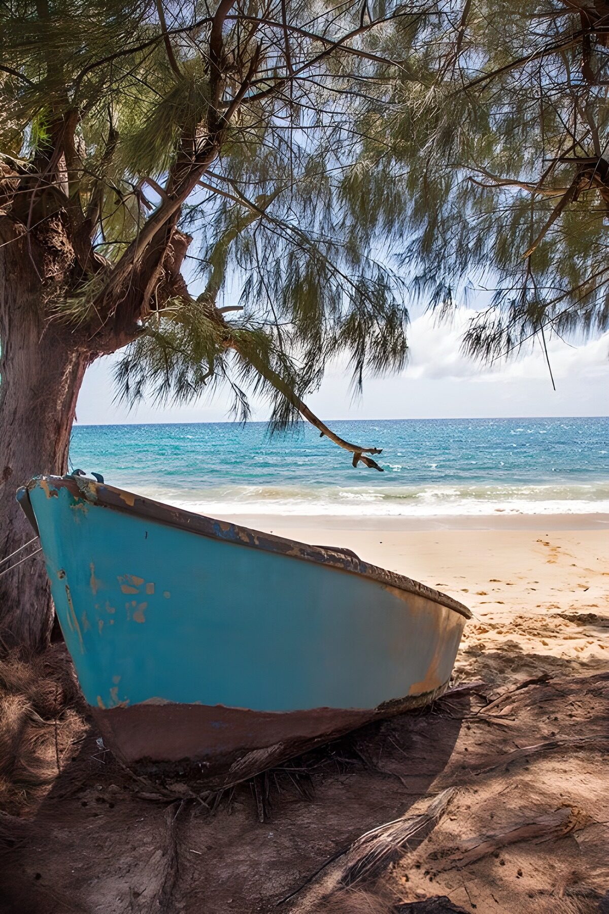 Rustic Blue Boat by the Beach