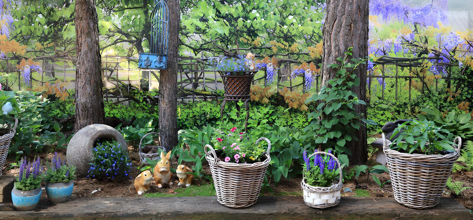 Serene Garden with Bunnies and Blooms