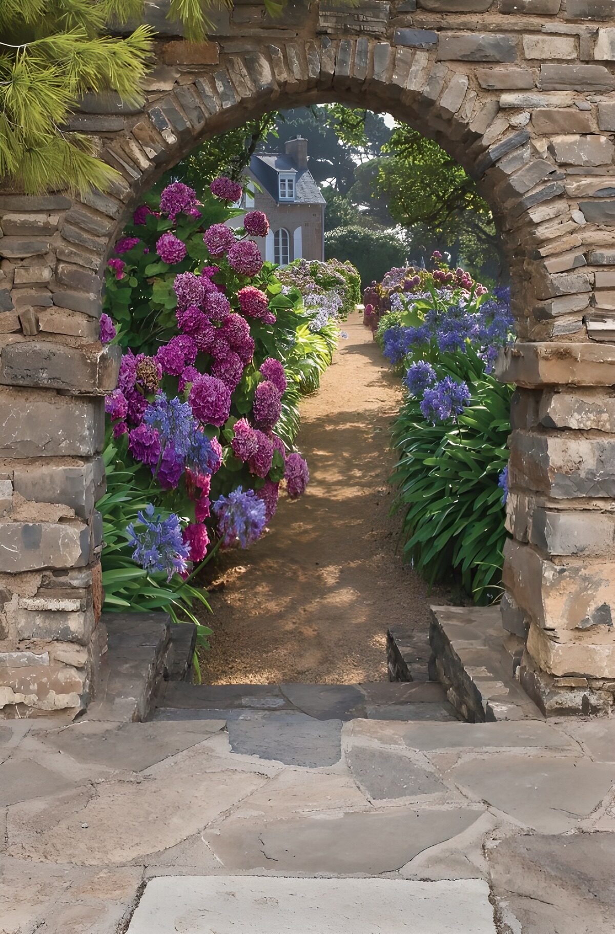 Floral Pathway through Stone Archway
