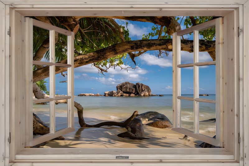 Serene Beach View Through a Window