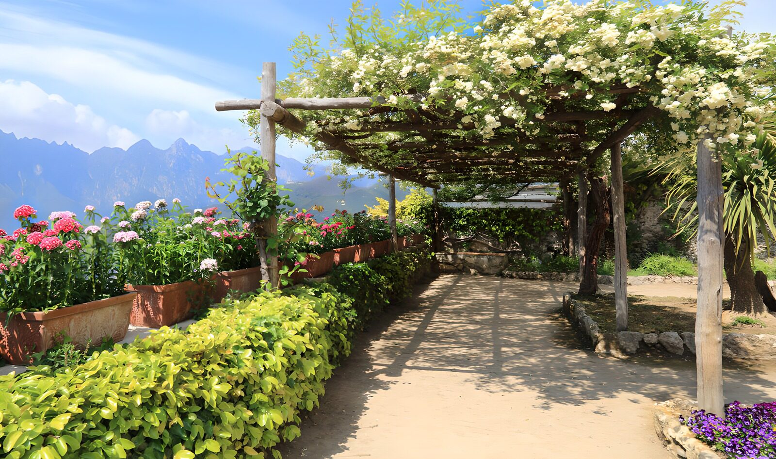Serene Garden Pathway with Floral Embrace
