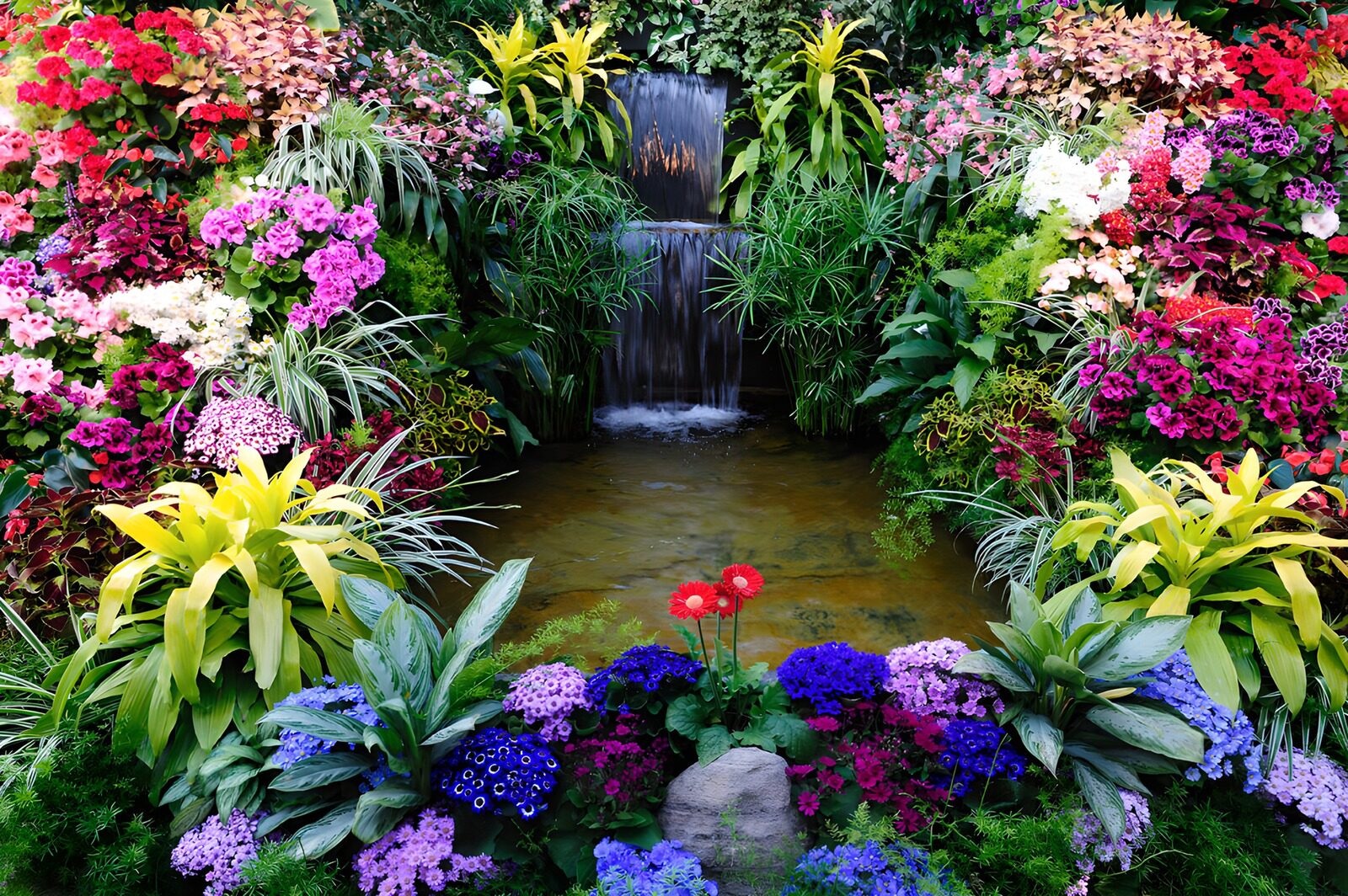 Vibrant Oasis with Waterfall
