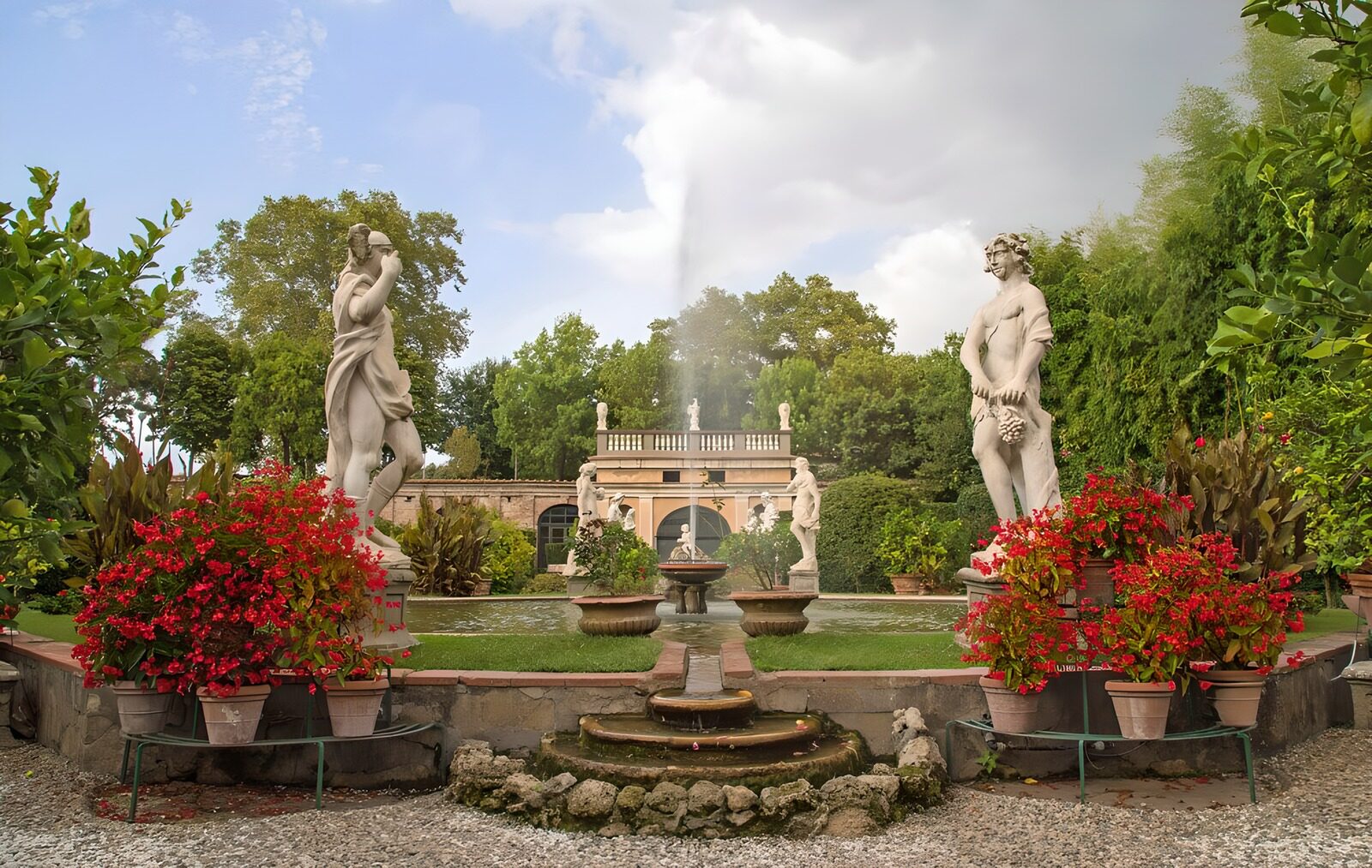 Serene Garden with Statues and Fountain