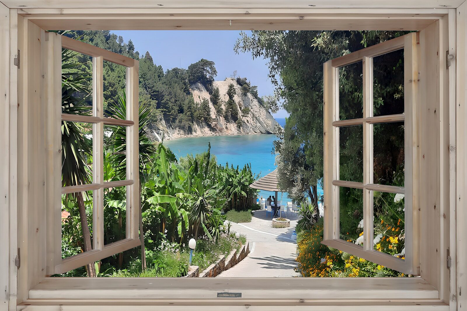 Serene Coastal View Through a Wooden Window