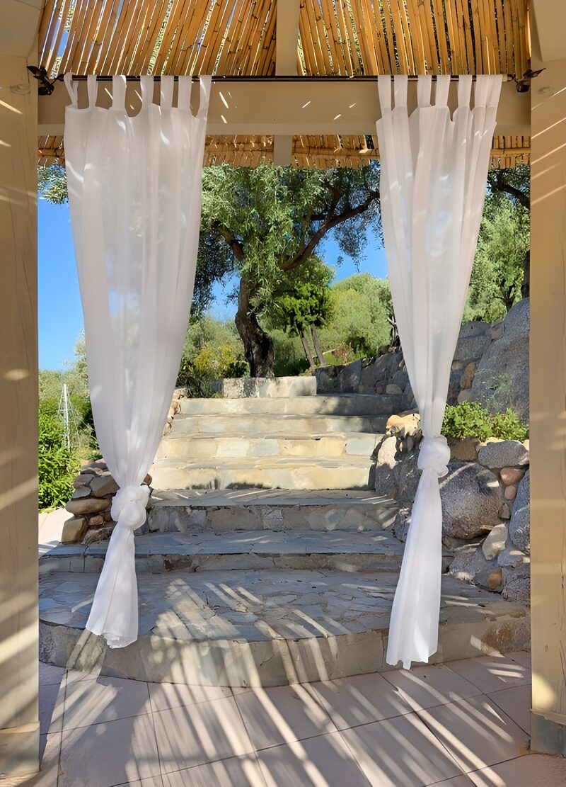 Serene Stone Pathway with Sheer Curtains