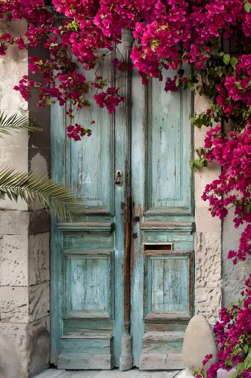 Enchanted Rustic Doorway with Bougainvillea